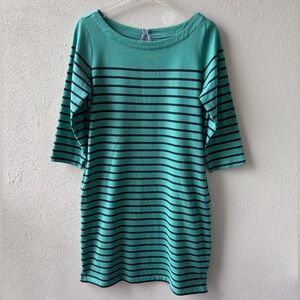L L Bean Medium Green Navy Stripe Sheath Casual Dress Pockets Cotton Nautical